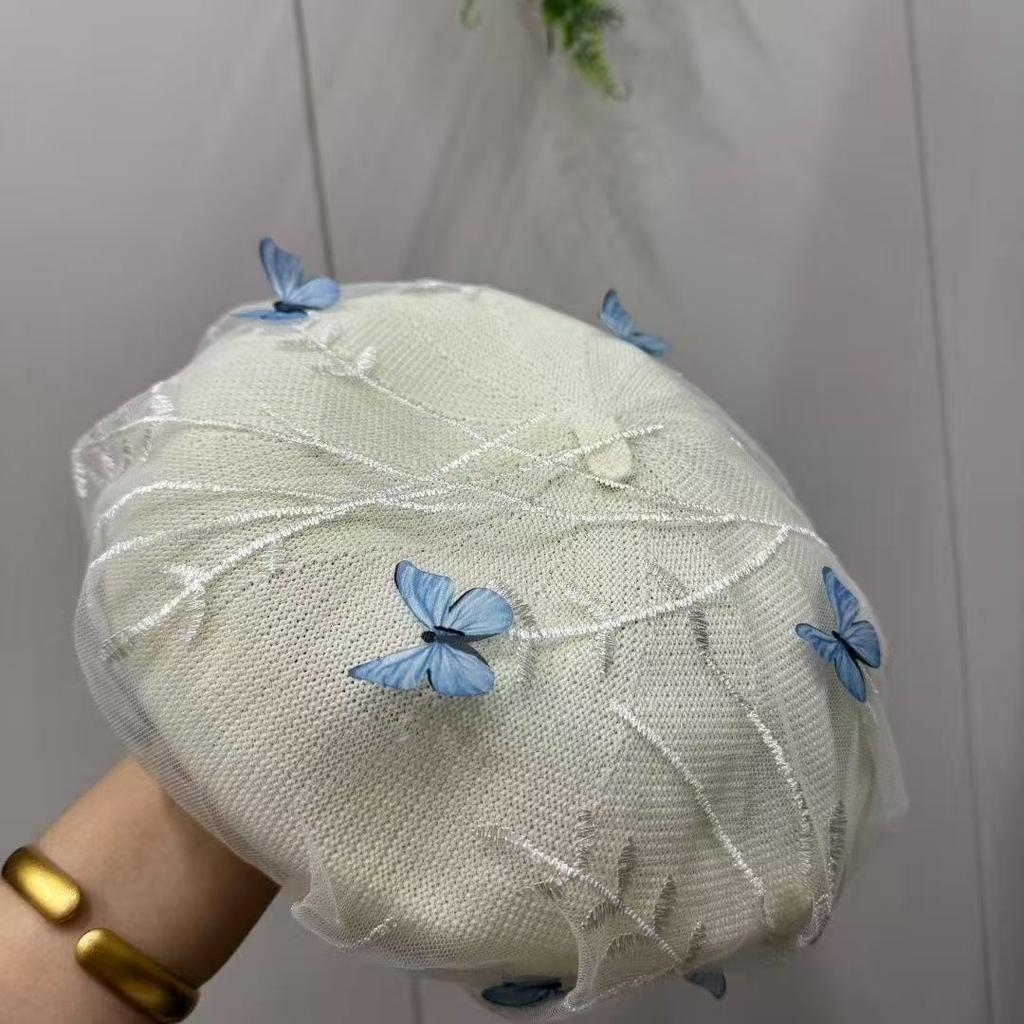 Women's Hat New Fashion Lace Beret - Summer Lightweight Chic Butterfly Painter Hat with Breathable Mesh