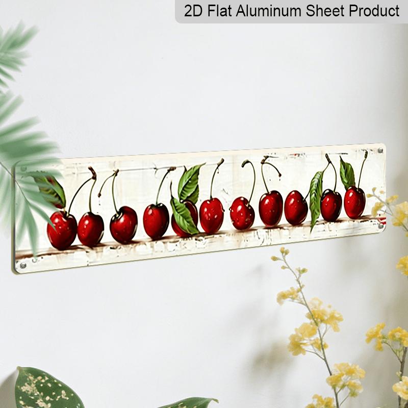 Vintage 2D Flat Wall Decoration - Red Cherries and Green Leaves in Metal - Durable Aluminum Sign for Kitchen, Café, or Dining Room - Rustic Farmhouse