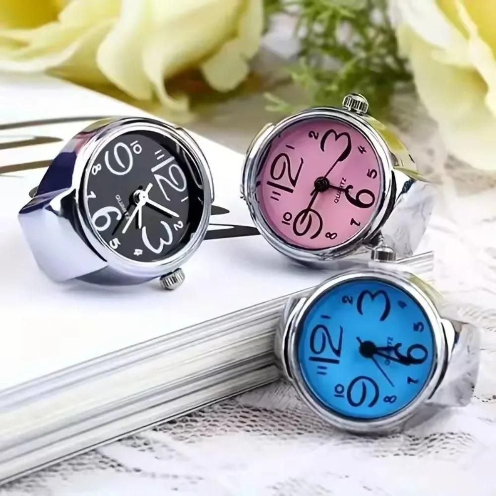 Mini Quartz Watch Clock Finger Rings for Men Women Elastic Strap Punk Gothic Couple Roman Ring Personality Jewelry Gift