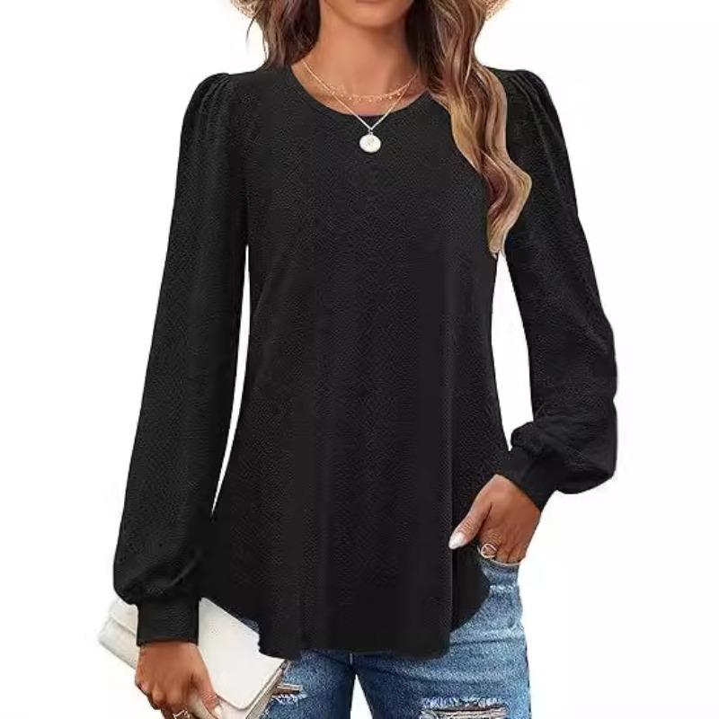 Women's Blouse Round Neck Small Eyelet Bubble Sleeve Long Sleeve Top