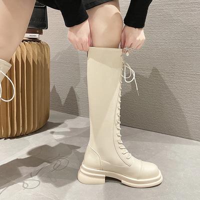 Moda Botas longas femininas 2024 novas botas elásticas elevadas botas de cavaleiro de sola grossa, mas com cadarço na altura do joelho sapatos femininos