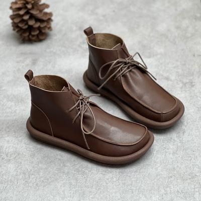 Vintage Genuine Leather Soft Sole Round Toe Lace Up Casual Handmade Versatile Short Boots