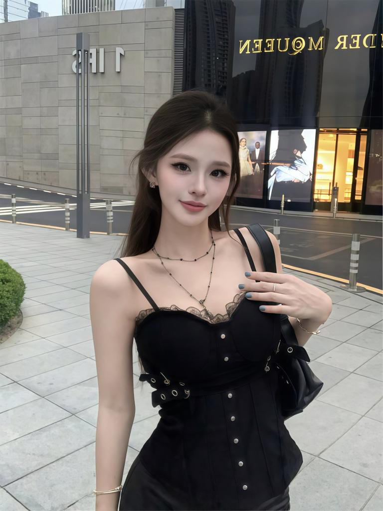 #Summer new Spice Girl retro heavy industry sling vest women's waist design slim one-piece with chest pad
