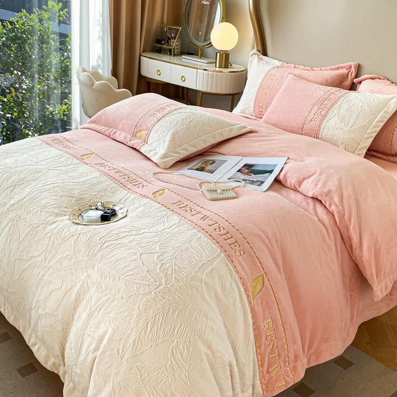 Thickened Milk Fleece Four-Piece Double-Sided Fleece Quilt Cover Solid Color Bed Sheet Mattress Quilt Cover Dormitory Bedding