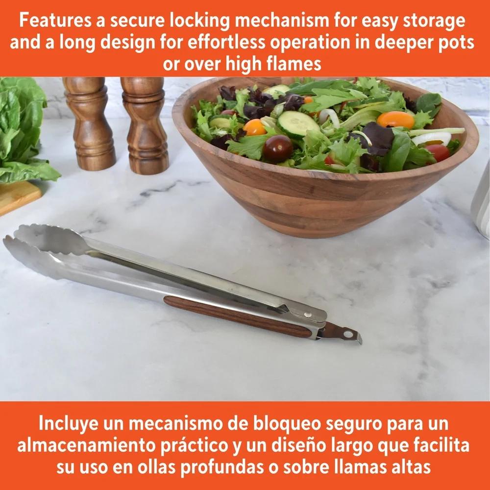 12in Stainless Steel Food Tongs with Wood Look Grip Locking Mechanism Ideal BBQ Grilling Salad Tossing Safe Cooking Tool