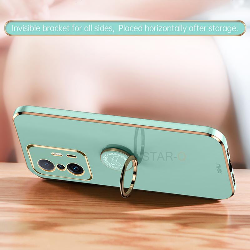 Lyxig Plätering Fyrkantig Stötfångare Ringhållare Telefonfodral För Xiaomi Mi 11t Pro 11 T Silikon Ställskydd På Xiomi Mi11 Mi11t 11tpro