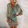 Women’s Casual Vintage Floral Print V Neck Button Henley Dress with Three Quarter Sleeves and Relaxed Fit for Everyday Wear