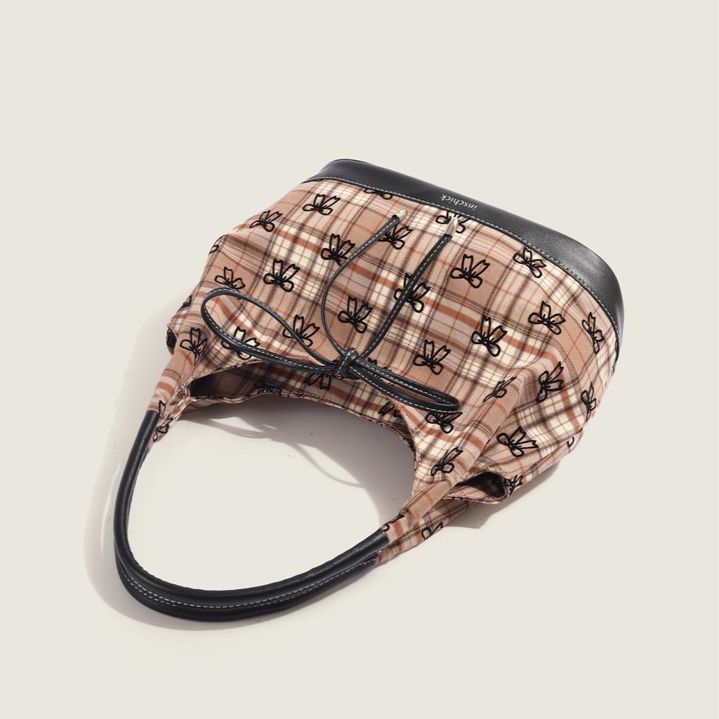 Korean Ins Plaid Bow Canvas Bag for Women Fashion and Fashionable Versatile One-shoulder Underarm Bag