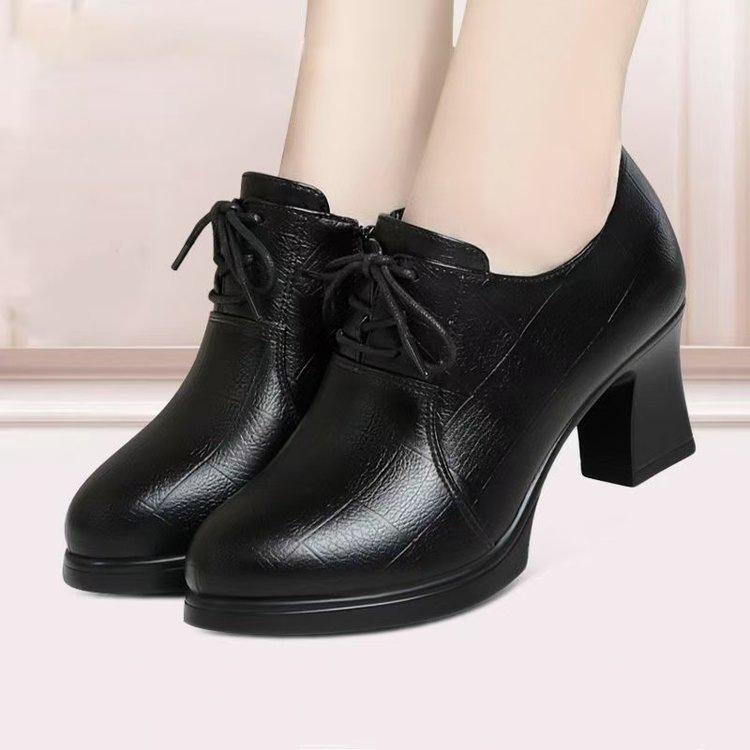 Autumn New Deep-mouth Single Shoes Lace-up High Heels Leather Shoes Soft Leather Soft-soled Shoes