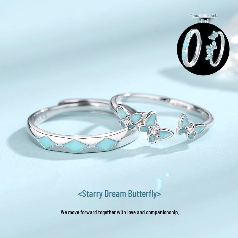Luminous S925 Sterling Silver Butterfly Couple Rings - Open Design, Perfect Valentine s Gift Women s Ring