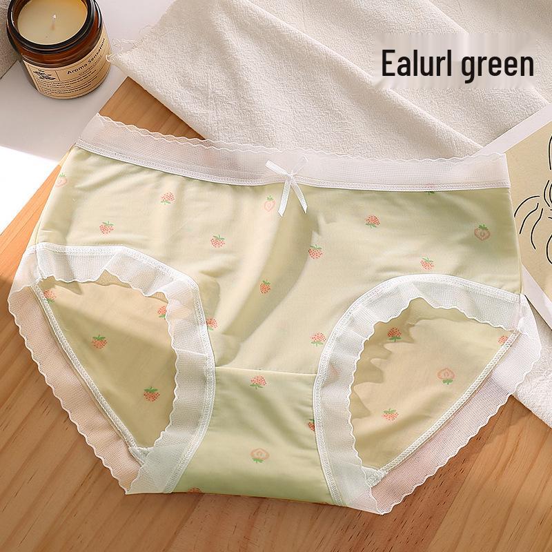Sweet Strawberry Print Lace Trim Seamless Teen Girl Panties - Comfortable, Breathable, Mid-Waist Briefs