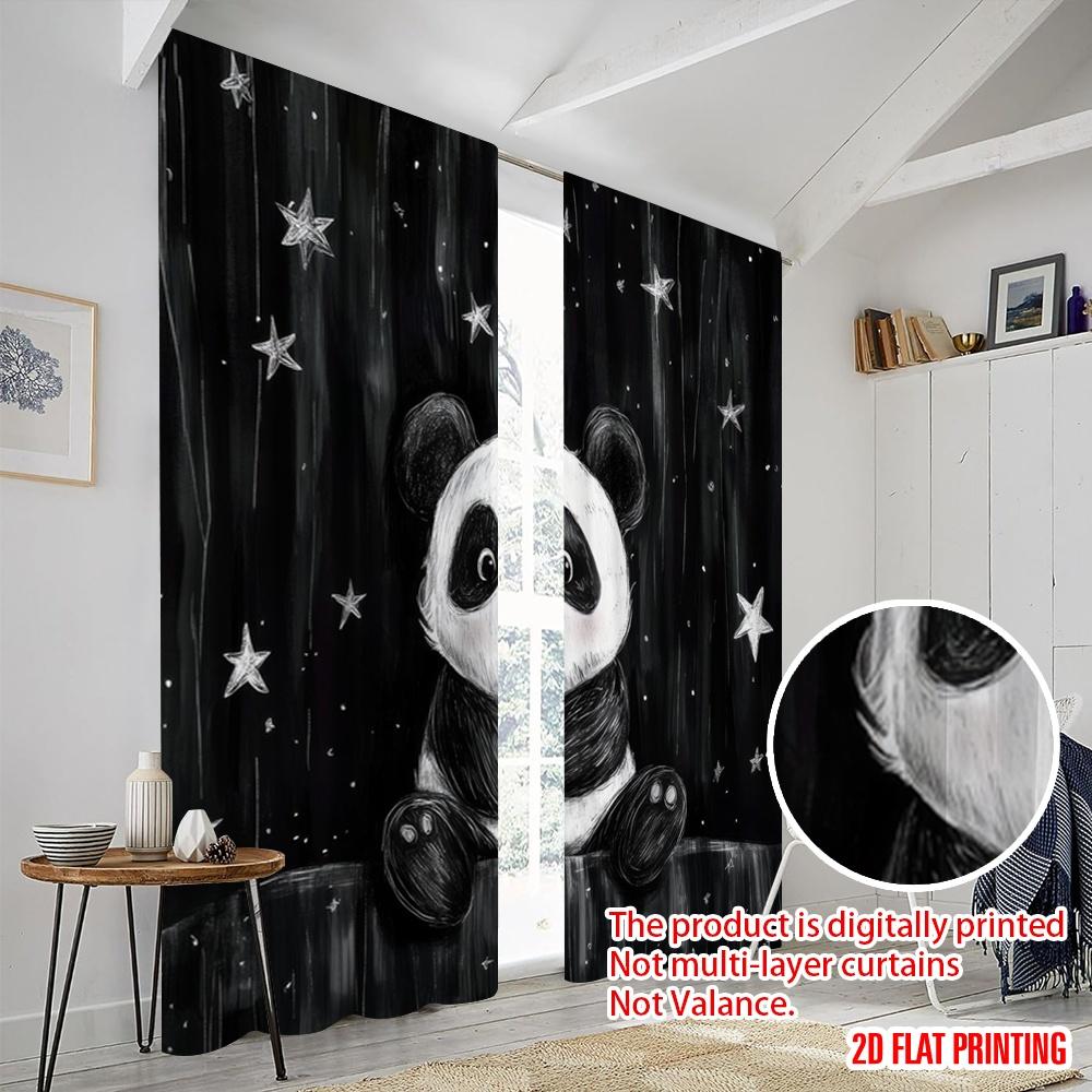 2pcs,2D Plane Printing Minimalist Curtains Starlit Panda 100% Polyester (without Rod) Holiday for Study, Living Room, Kitchen -
