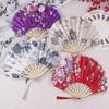 1Pc Japanese Style Shell Shaped Fan With Storage Bag Silk Cloth Bamboo Folding Fans Single-Side Flower Curved Fanbone Hand Fan