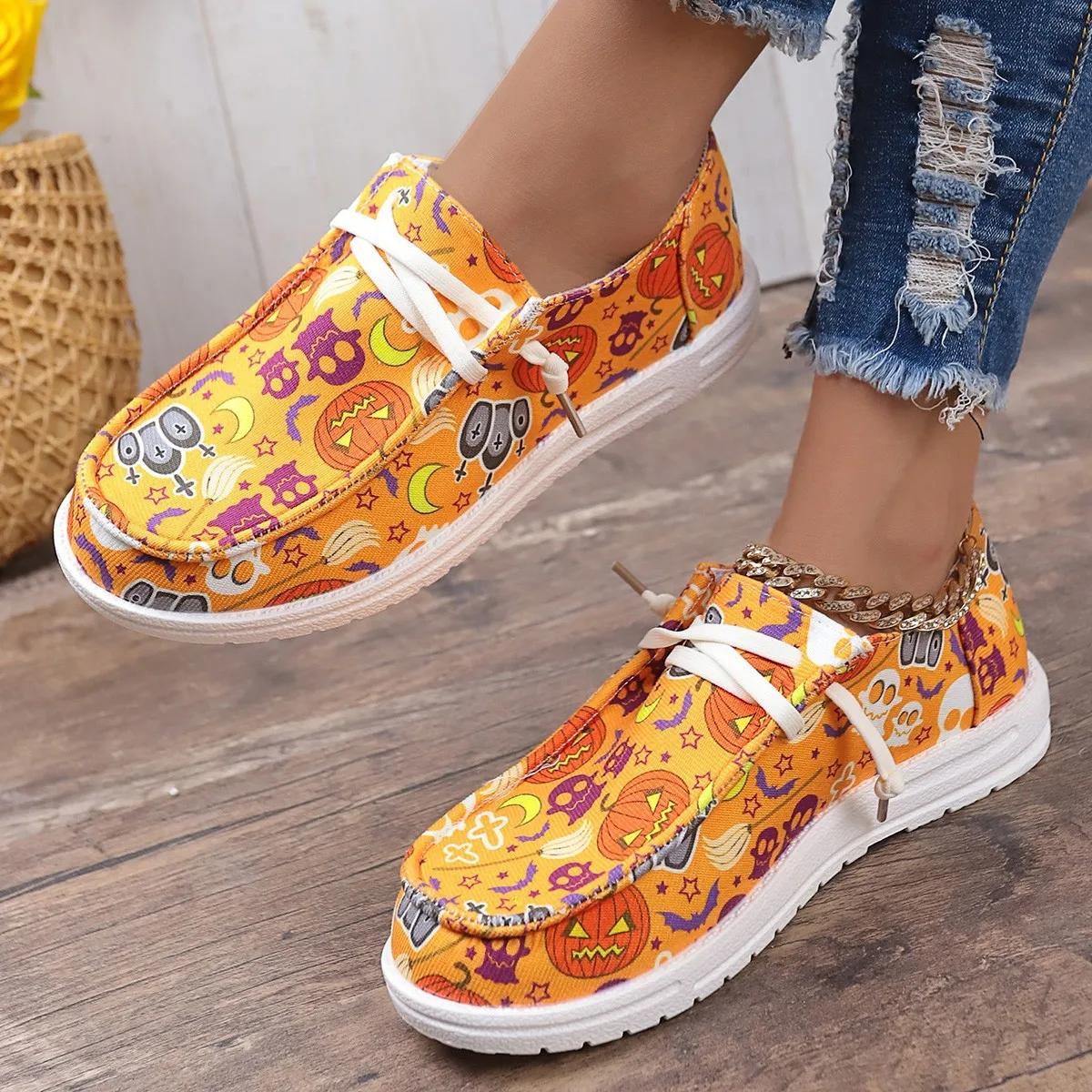 

Женские кроссовки, модные оранжевые кроссовки с принтом тыквы и черепа на Хэллоуин, удобная обувь на плоской подошве, осенняя дышащая парусиновая обувь 2024 37 оранжевый