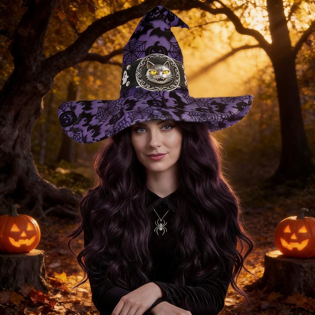 Halloween Witch Hat Costume With Bat And Pumpkin Print For Stage Performance And Party Decor