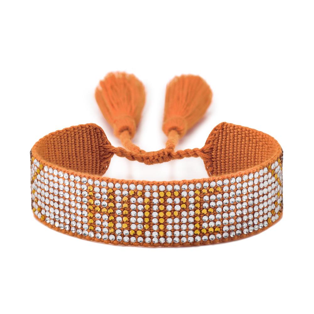 Европейский стиль плетеный браслет со стразами и богемной кисточкой, регулируемый, модный, для женщин.