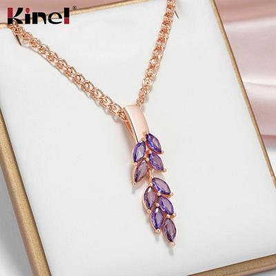 Slavic-Inspired Purple Zircon Leaf Necklace Vintage Rose Gold Color Pendant Jewelry for Women