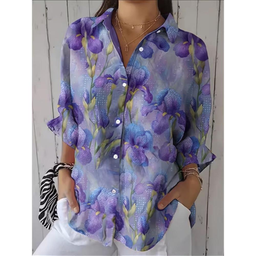 Sommer Minimalistisches Hemd mit Digitalem Blumenprint Knopfleistenhemd Oberteil für Damen Hawaiianischer Strandurlaub Lässiges Hemd