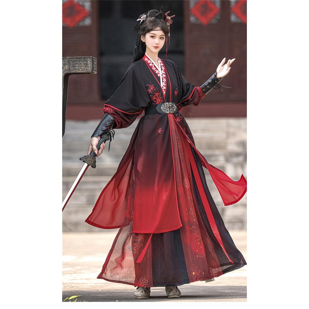 Chinese Song Dynasty Style Hanfu Black And Red Hero Handsome Hanfu Set For Men And Women