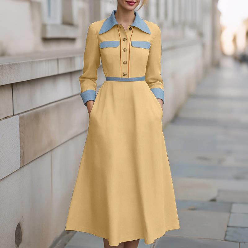 ZANZEA Vestido feminino casual gola virada para baixo solto manga comprida