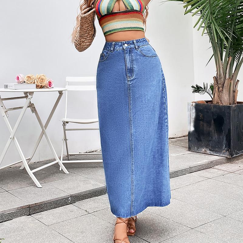 Women High Waist Pocket A Line Jean Denim Skirt