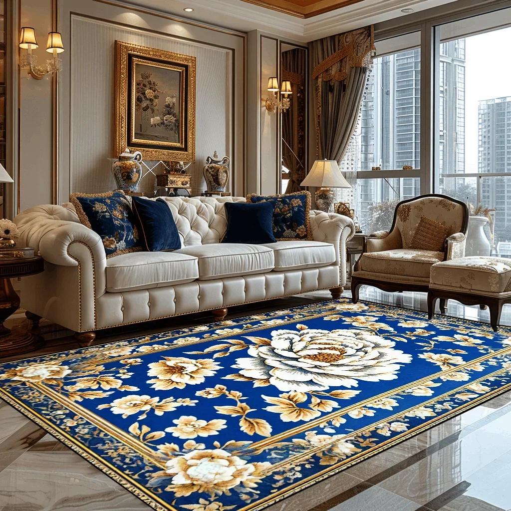 Deluxe European Style Carpet for Living Room Blue Home Decor Bedroom Tea Table Soft Rug Washable Short Plush Lounge Floor Mats