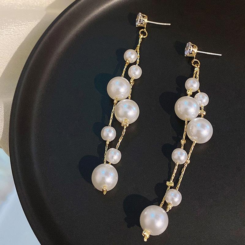 Imiation Pearl Long Tassel Dangle Earrings for Women Wedding Party Statement Jewelry Golden Rhinstones Trendy Drop Earrings