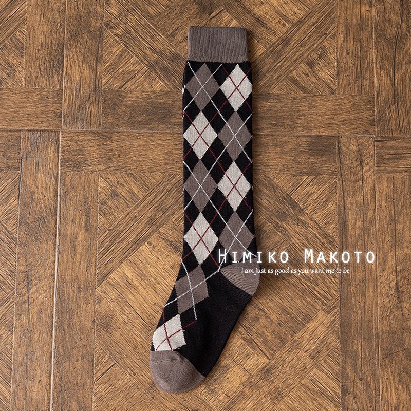 Korean Style Cotton Diamond Pattern Knee-High Retro Socks for Women