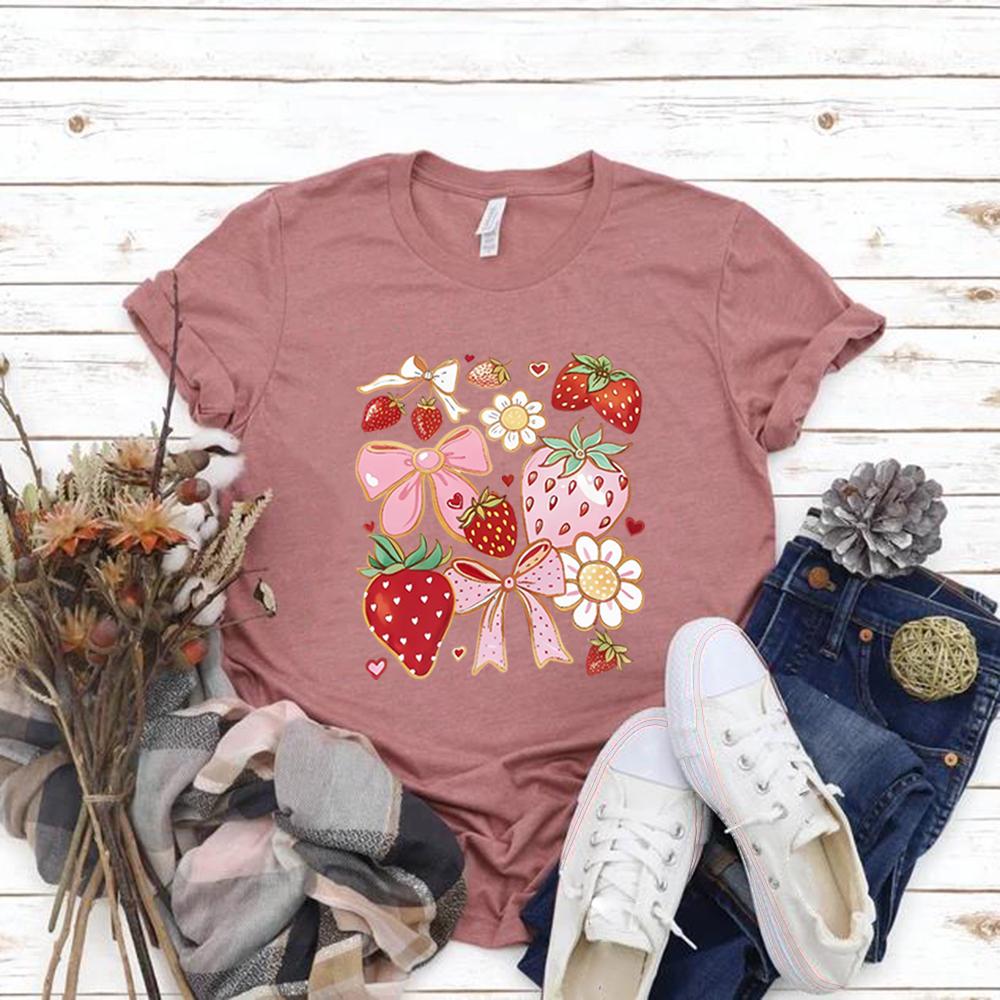 Strawberry Floral Shirt Cute Bow Graphic Tee Cottagecore Aesthetic Clothes Women's Graphic T Shirts Summer Fruit Crewneck Top