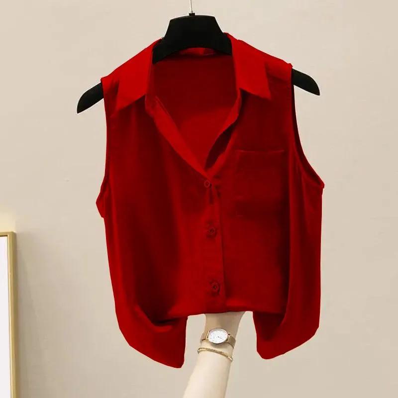 Ärmelloses Damenhemd mit Knöpfen, lässige lockere Bluse mit Tasche