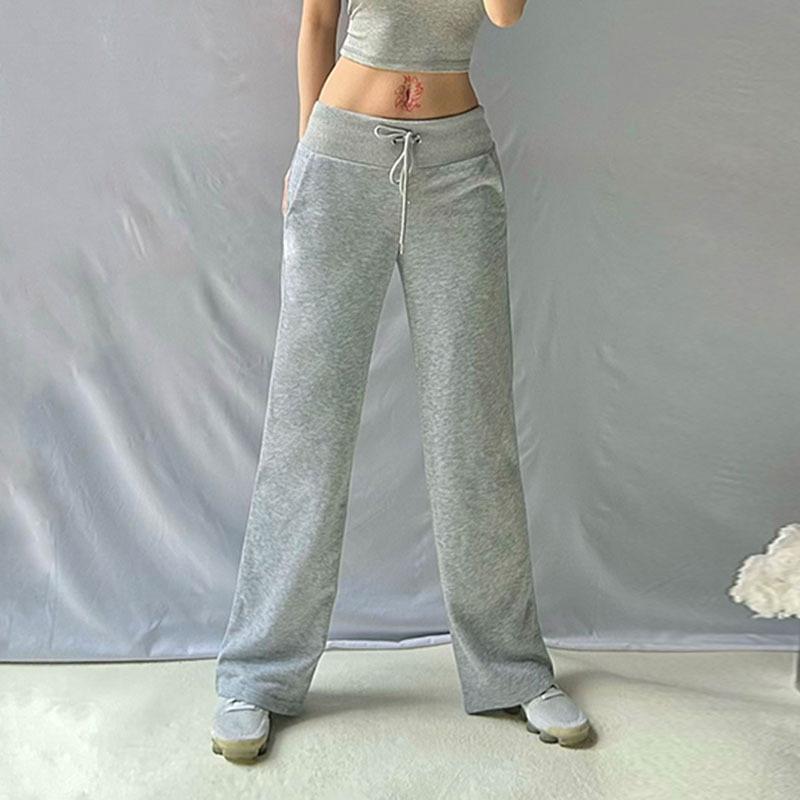 Fashion Solid Casual Sweatpants Women Pockets Low-Waisted Straight Lge Pants Spring Autumn Drawstring Basic Trouser