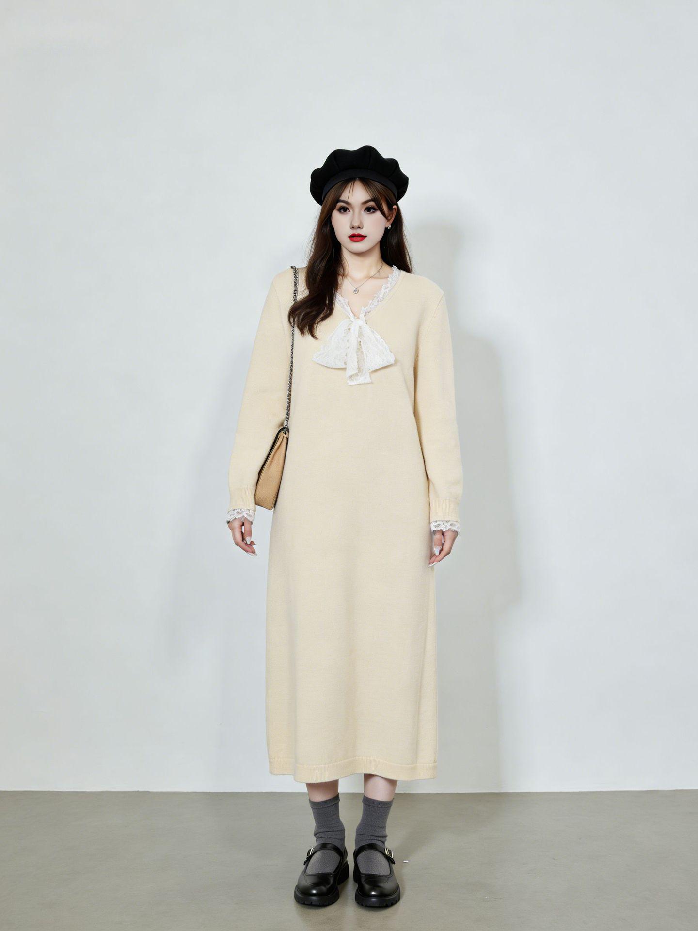 

Free Shipping: Plus Size V-neck Lace Knit Dress, Women s Winter Style 2025, Loose Wool Design XXXL (90-110 kg) абрикосовий