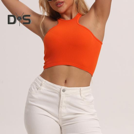 Women Running Vest O-Neck Sleeveless Short Tank Tops Solid Color Ribbed Elastic Fitting Quick Drying Racer Back Vest