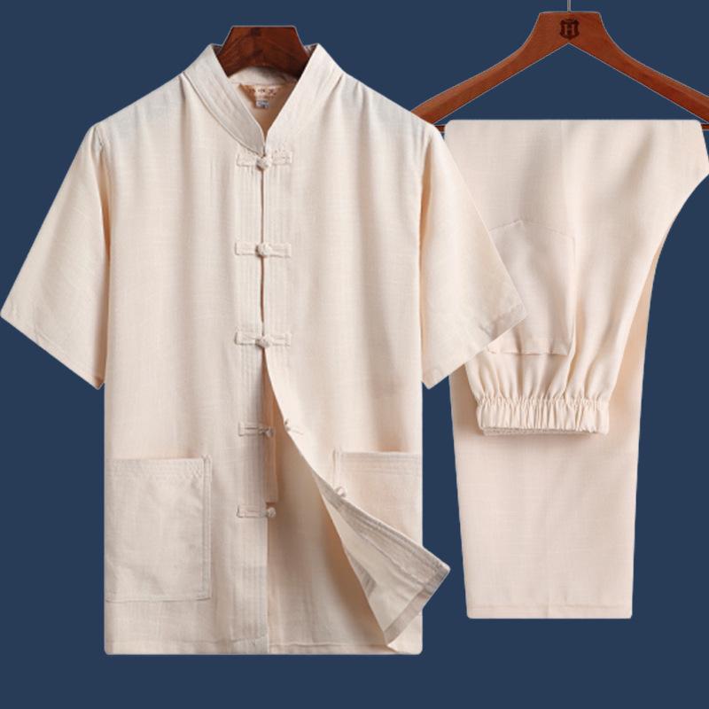 Men's Chinese-Style Summer Tang Suit: Short-Sleeve Linen Hanfu Robe for Middle-Aged and Elderly