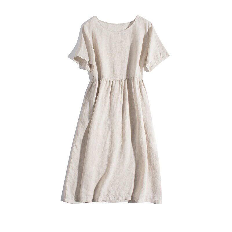 Summer Fashion Loose Plus size women clothing Thin Cotton and Linen Artistic Loose Slimming Mid-Length Short sleeve Hemp Color 2XL