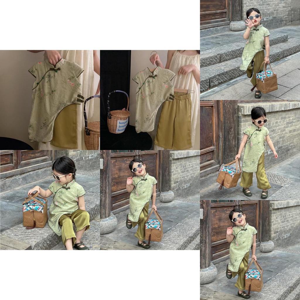 Elegant Chinese Style Summer Outfit For Girls Featuring Beautiful Floral Qipao Top And Stylish Pants Set For Ages 3 To 8 Years