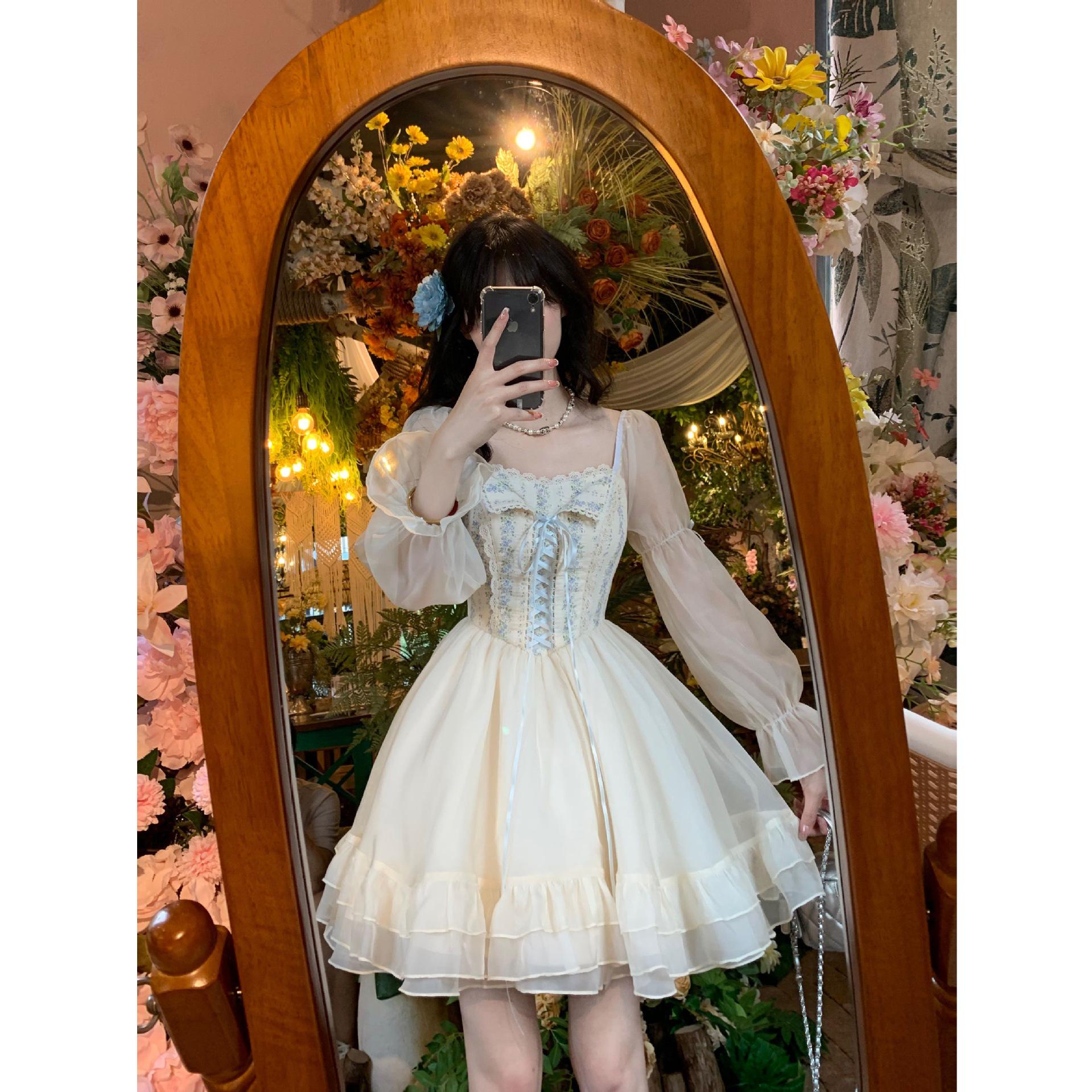 2026 Vintage Lace Trim Sweetheart Dress with Waist Tie S абрикосовый
