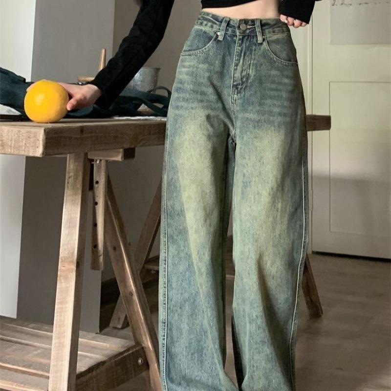 Women's Vintage Washed Wide‑Leg Jeans High Waist Loose Straight‑Leg Floor‑Length Denim Pants Casual Trousers