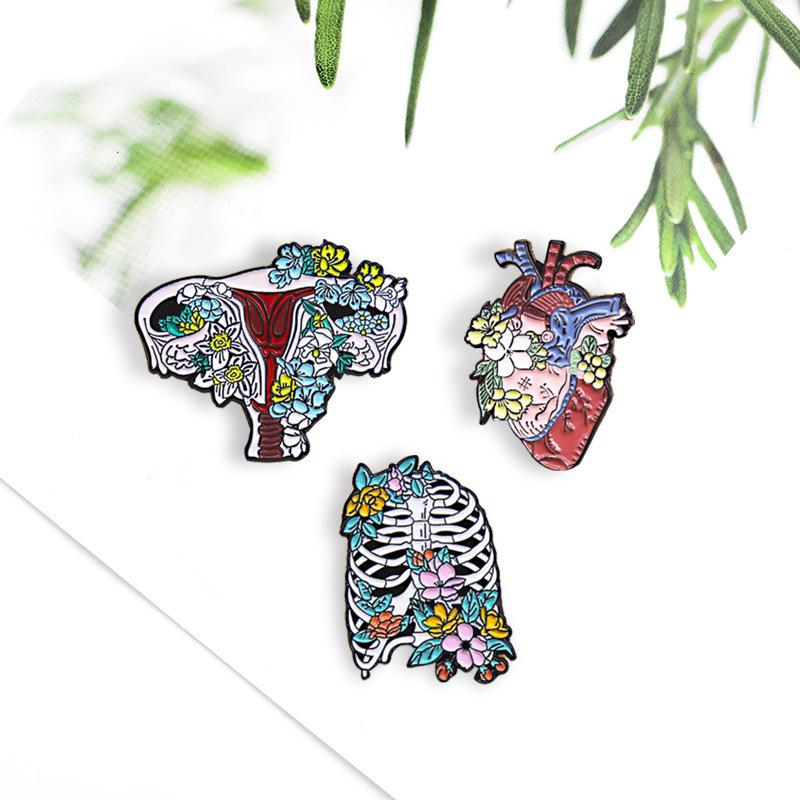 Creative Brooches: Gorgeous Pink Lungs, Uterus, Skeleton, and Heart with Blooming Flowers