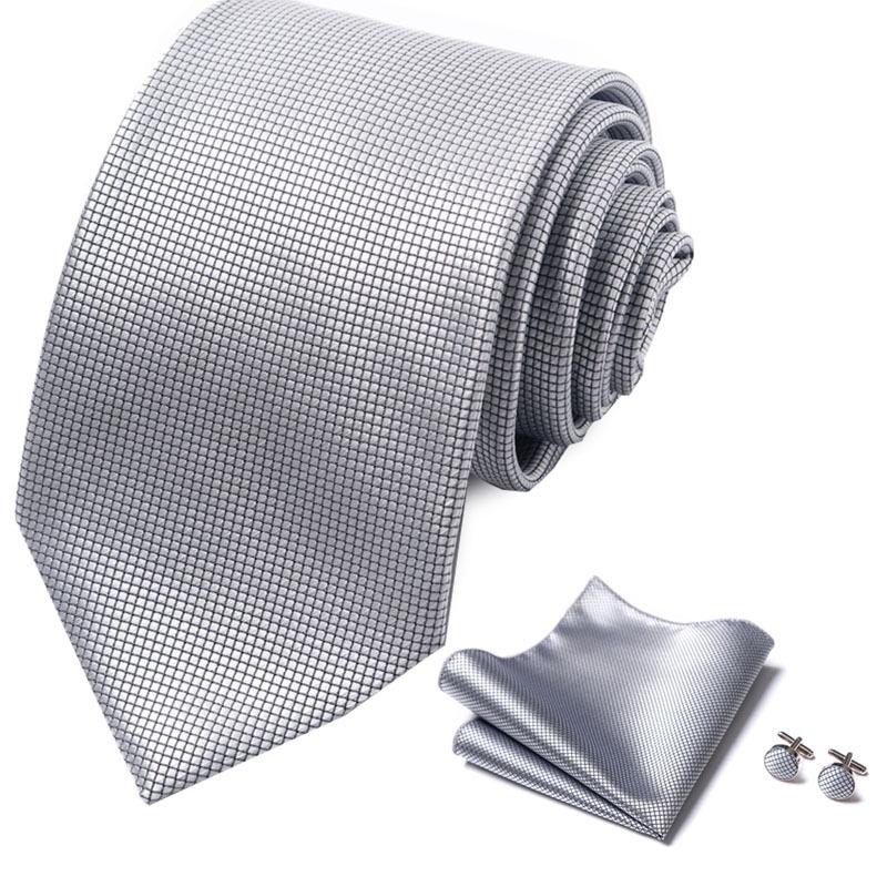 Men's 8cm Solid & Polka Dot Plaid Tie Set with Cufflinks & Pocket Square
