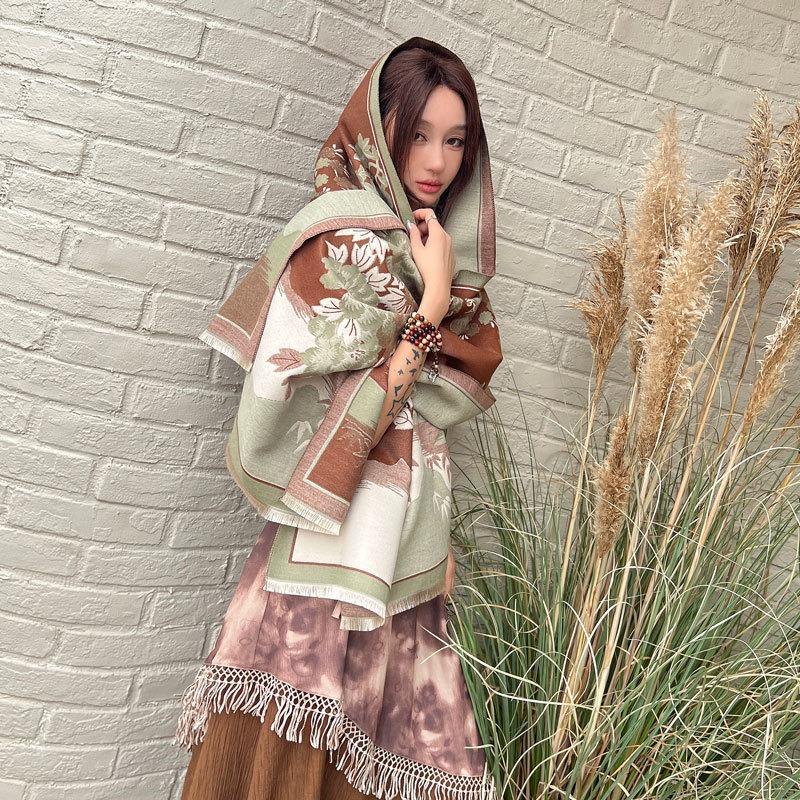 Autumn and winter advanced sense landscape flower language double-sided jacquard scarf women's light luxury warm thickened scarf versatile shawl