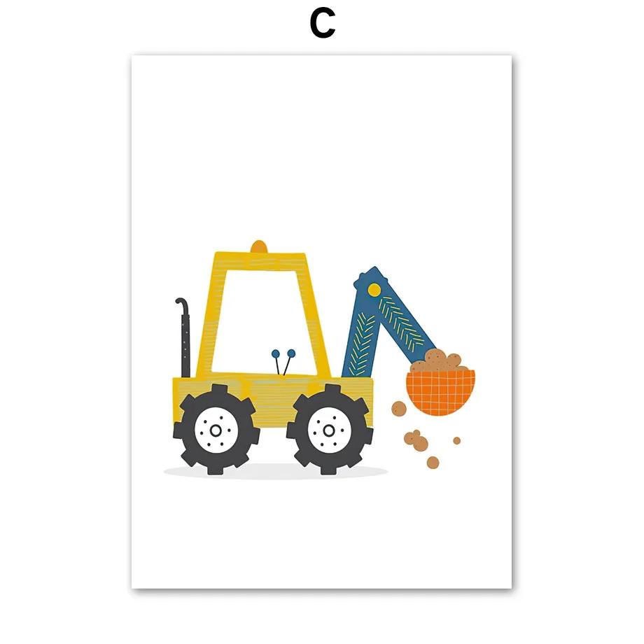 Nordic Cartoon Crane Excavator Dump Truck Front Loader Wall Art Posters and Prints Wall Pictures Kids Room Decor Canvas Painting