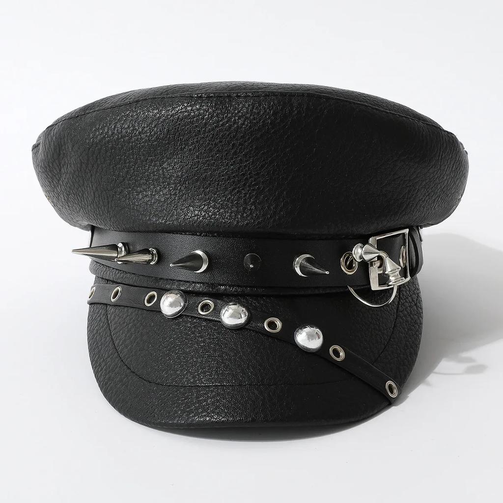 Y2K Leather Rivet Show Navy Cap Skinny Cap New Niche Punk Hip Hop Wind Beret Black PU Military Cap Harajuku Gothic Lolita Hat