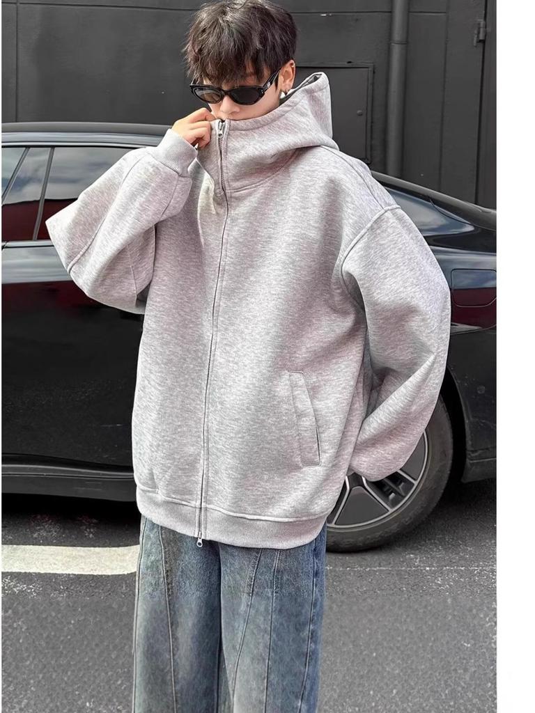 Autumn Men's Space Cotton Hooded Heavyweight Hoodie: Versatile Solid Color Jacket for Couples - Suitable for Spring and Autumn.