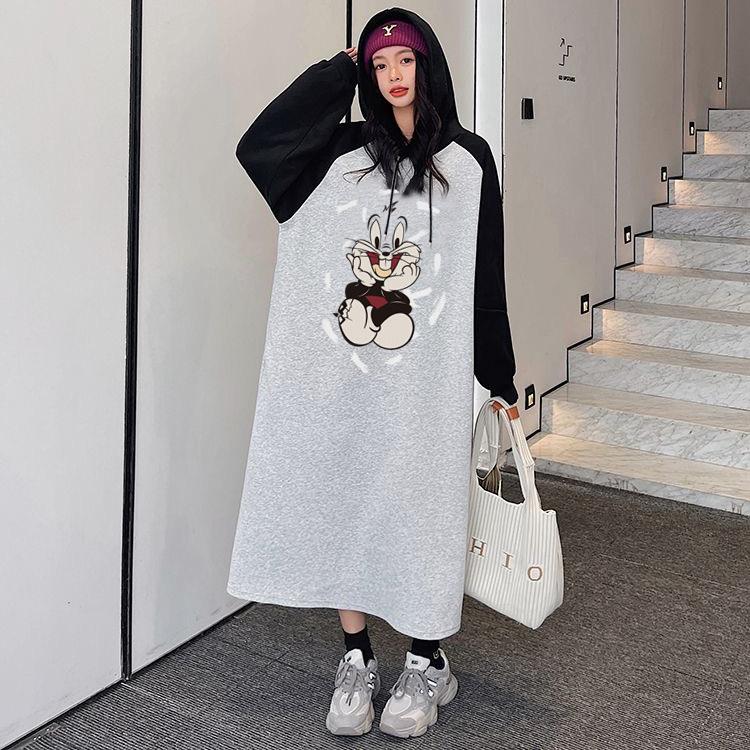 Autumn and winter thickened color matching hooded dress women's casual versatile loose and thin super long knee dress long dress