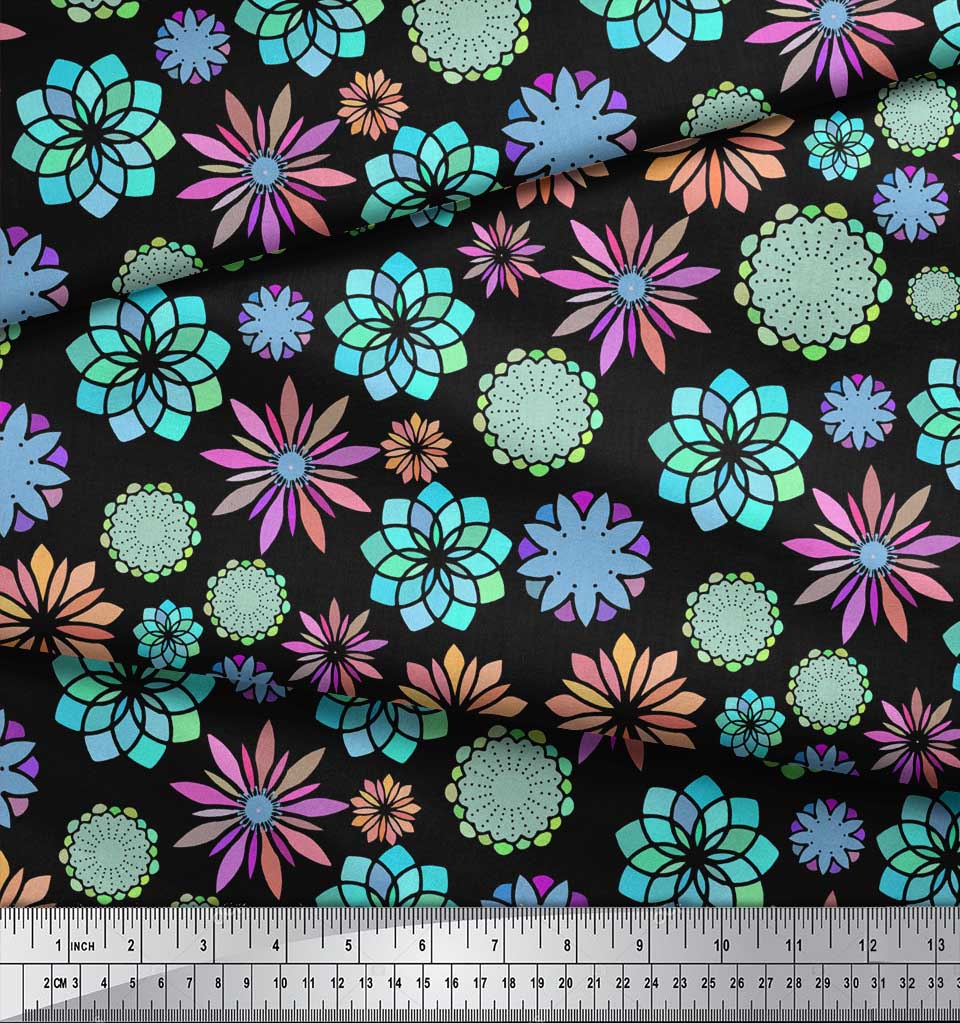 Soimoi Black Japan Crepe Satin Fabric Multicolor Mandala Printed Craft Fabric by the metre 42 Inch