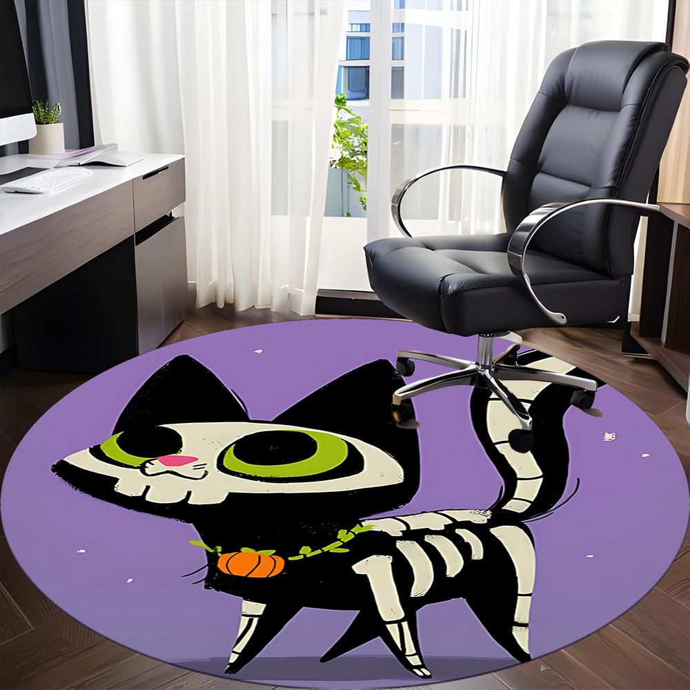 1pc Skelecat Halloween Office Round Area Rug, Under Office Chairs Bedroom Living Room Home Decor, Room Deco
