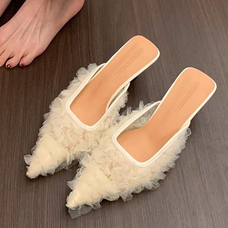 Pointed Toe Heeled Slippers Women Elegant Mules Shoes Mid Heels Sandals 2025 Fashion Slides Summer Pumps New Luxury Woman Shoes