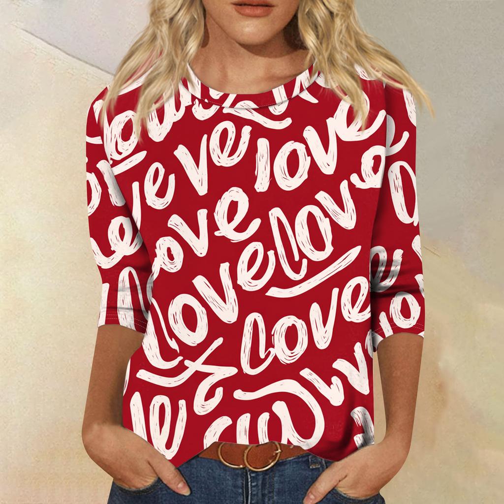 Damen Modisches Lässiges Dreiviertelarm Valentinstag-Druck Rundhals Pullover-Oberteil