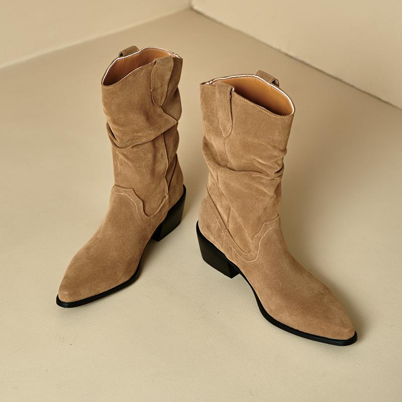 Women's High-heeled Short Boots Autumn and Winter New Suede Large-size Casual Roman Boots